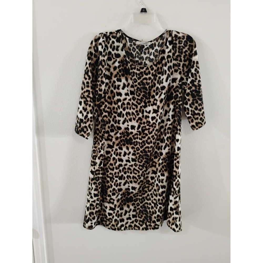 Color Me Red Leopard Print Shift Dress 3/4 Sleeve Brown Tan Black Size M